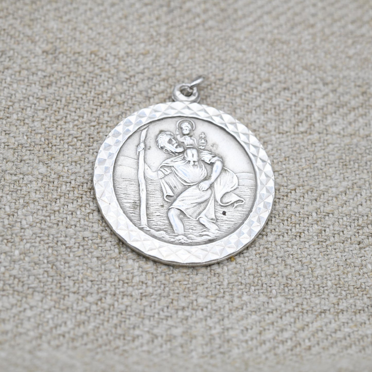 Vintage Sterling Silver Large St. Christopher Pendant - Embossed Relief | Circle Shape | Saint of Travelling Religious Jewellery | Necklace