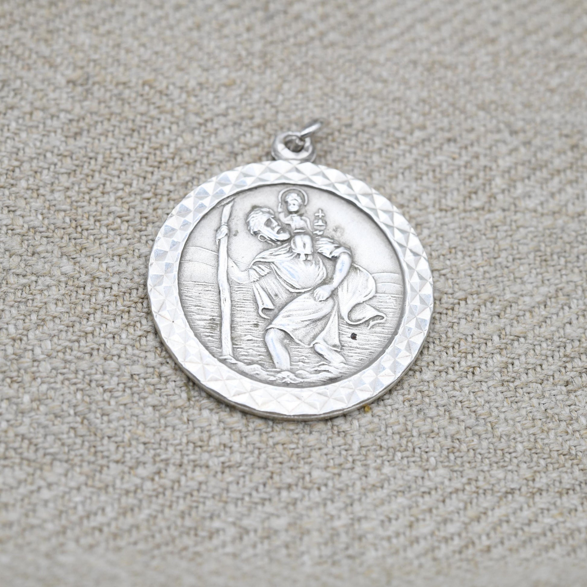 Vintage Sterling Silver Large St. Christopher Pendant - Embossed Relief | Circle Shape | Saint of Travelling Religious Jewellery | Necklace