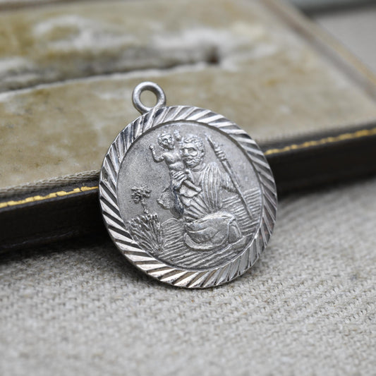 Vintage Sterling Silver St. Christopher Pendant - Embossed Relief with Detailed Background | Saint of Travelling | Religious Jewellery