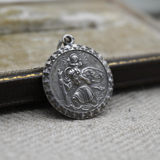 Vintage Sterling Silver St. Christopher Pendant - Embossed Relief | Circle Shape | Religious Jewellery | Gift for Charm Necklace