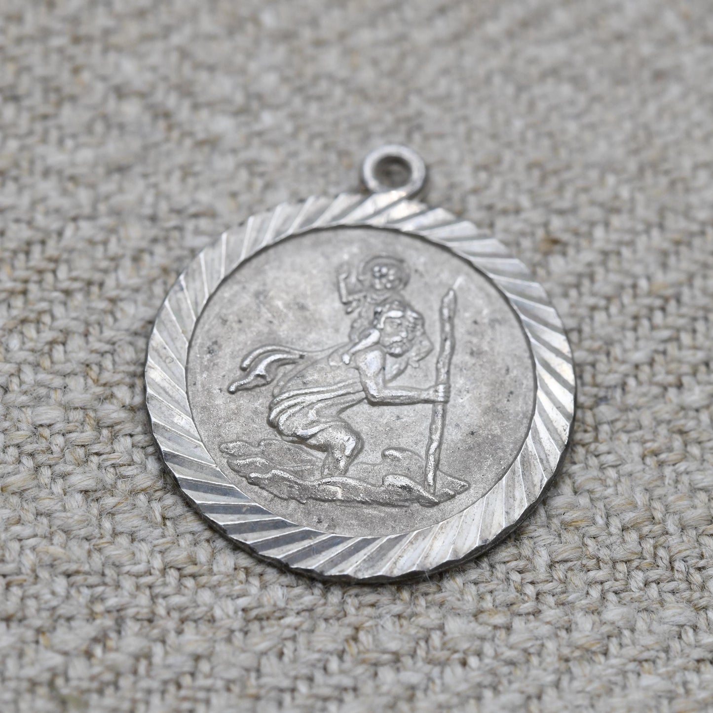 Vintage Sterling Silver St. Christopher Pendant - Embossed Relief | Circle Shape | Saint of Travelling | Religious | Gift for Charm Necklace