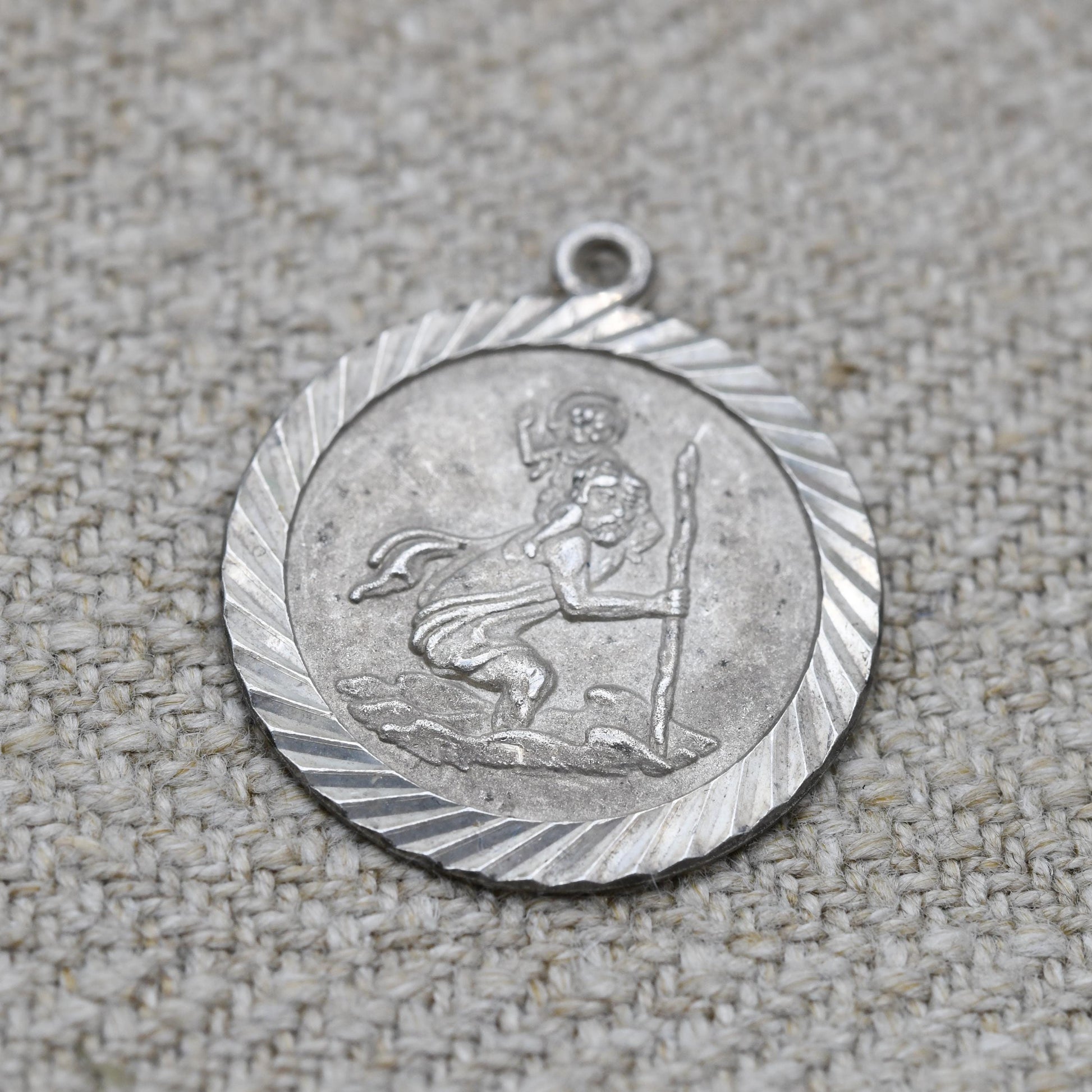 Vintage Sterling Silver St. Christopher Pendant - Embossed Relief | Circle Shape | Saint of Travelling | Religious | Gift for Charm Necklace