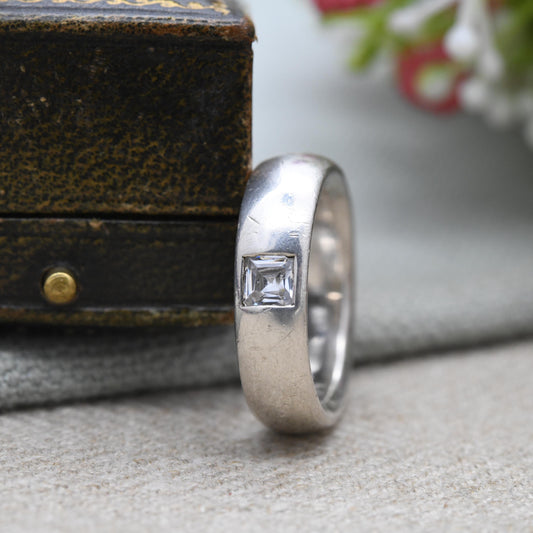 Sterling Silver Clear Stone Solitaire Band Ring - Large White Stone | Minimalist Ring | UK Size - P | US Size - 8