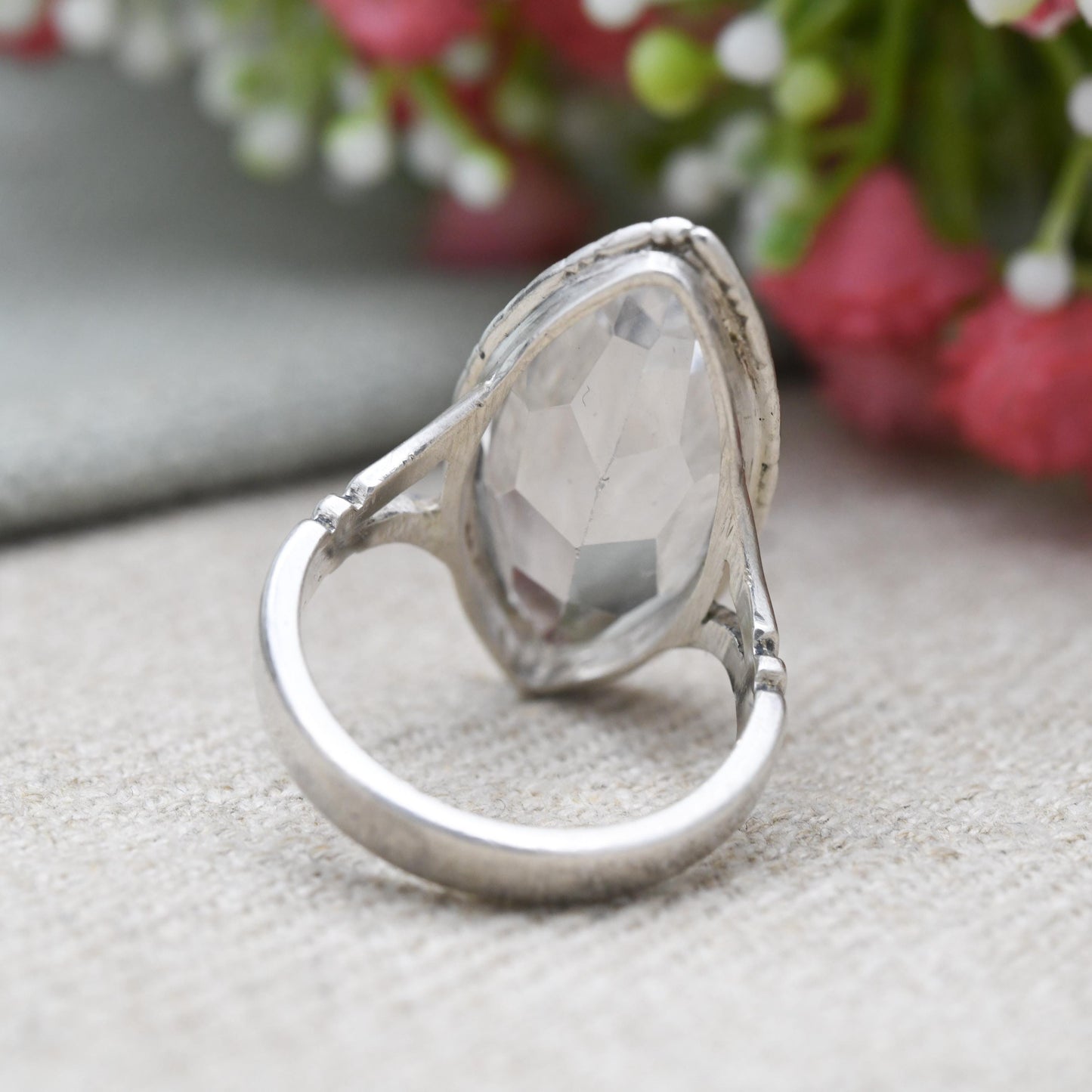 Vintage Sterling Silver Clear Paste Solitaire Ring 1960's - Large White Marquise | Placeholder Ring | UK Size - P | US Size - 7 3/4