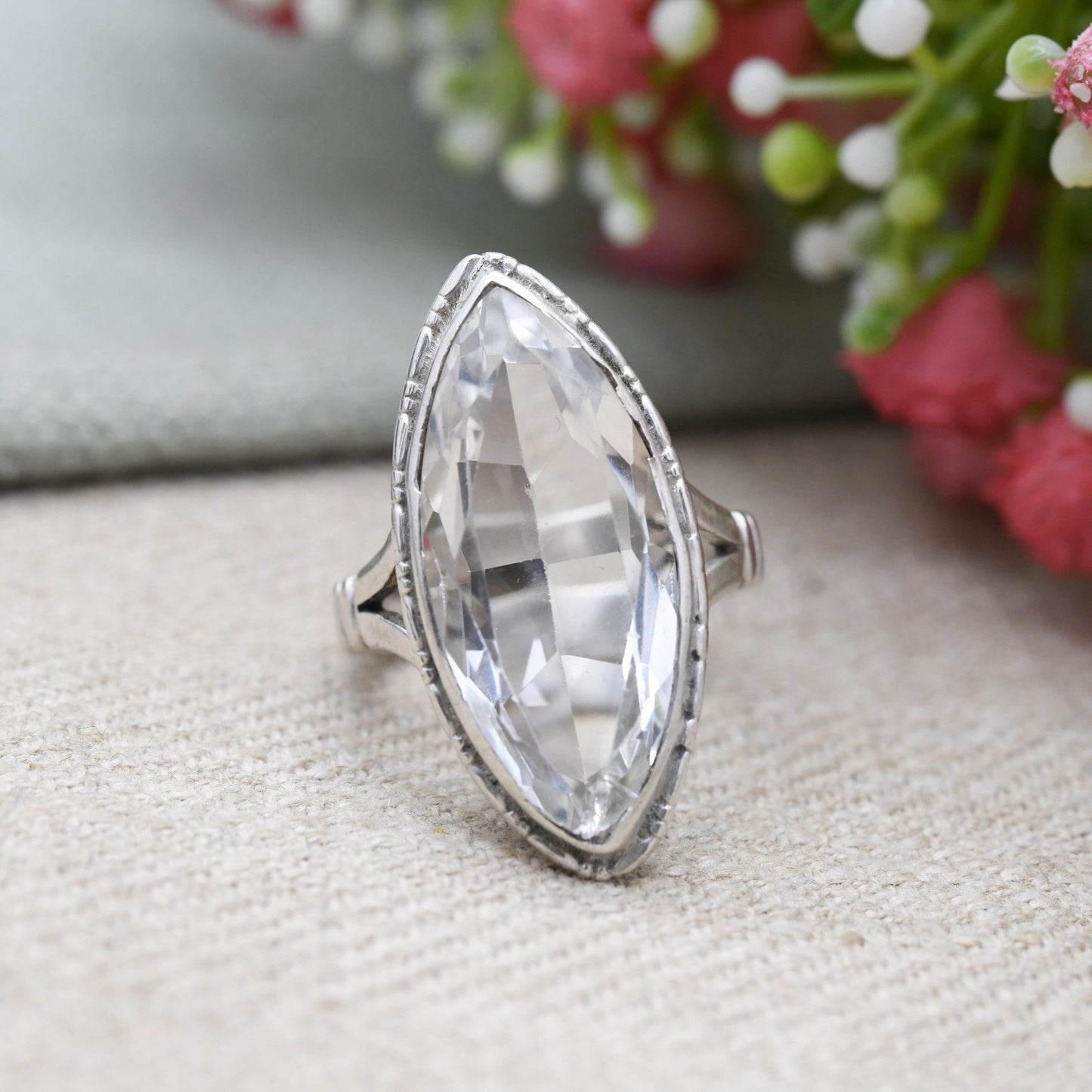 Vintage Sterling Silver Clear Paste Solitaire Ring 1960's - Large White Marquise | Placeholder Ring | UK Size - P | US Size - 7 3/4