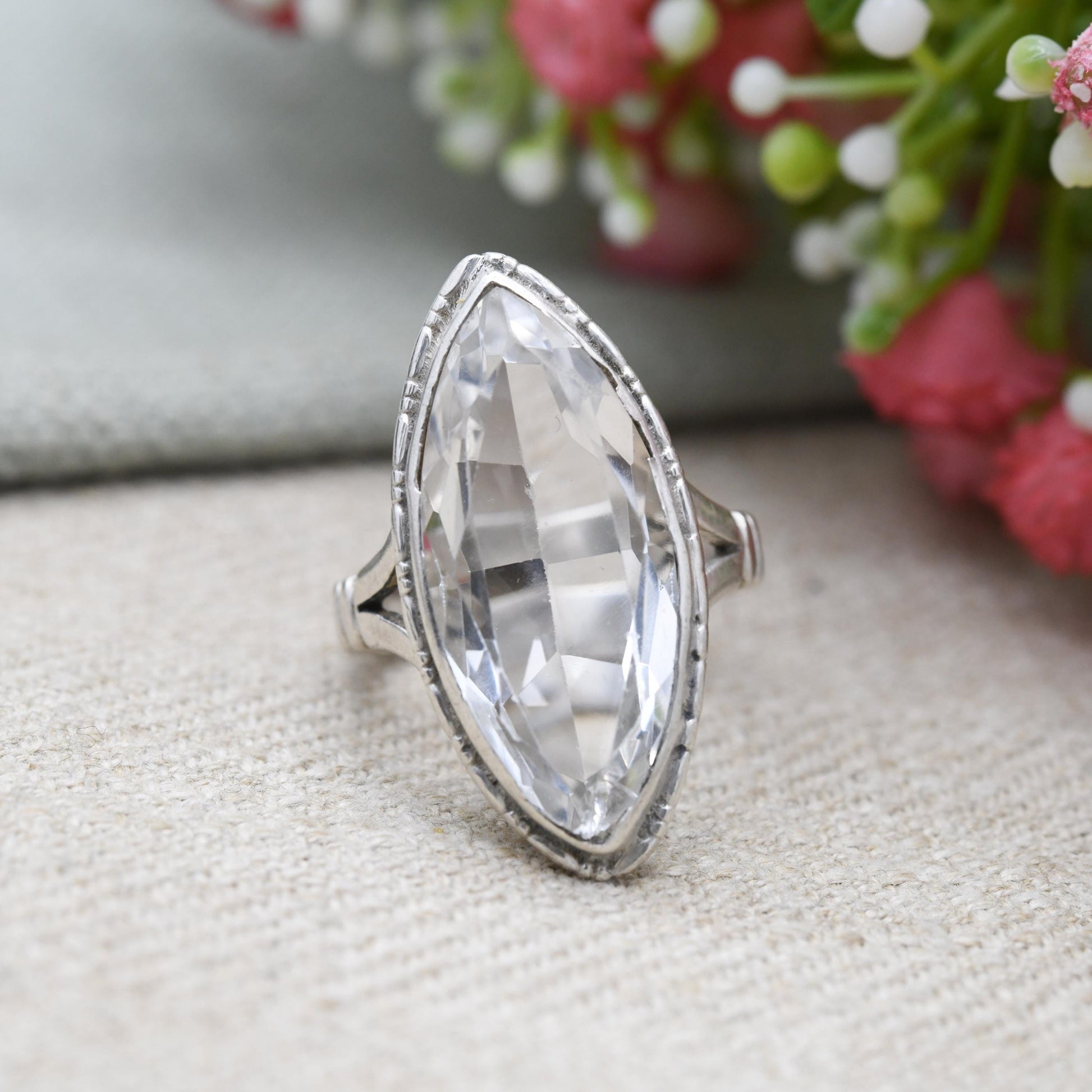 Vintage Sterling Silver Clear Paste Solitaire Ring 1960's - Large White Marquise | Placeholder Ring | UK Size - P | US Size - 7 3/4