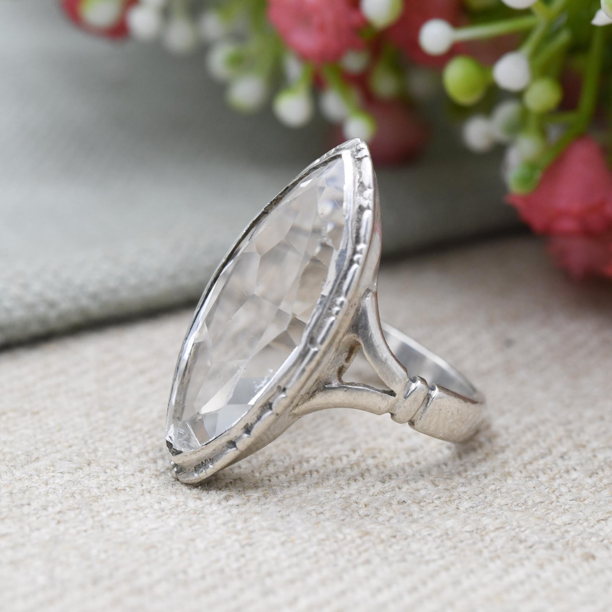 Vintage Sterling Silver Clear Paste Solitaire Ring 1960's - Large White Marquise | Placeholder Ring | UK Size - P | US Size - 7 3/4