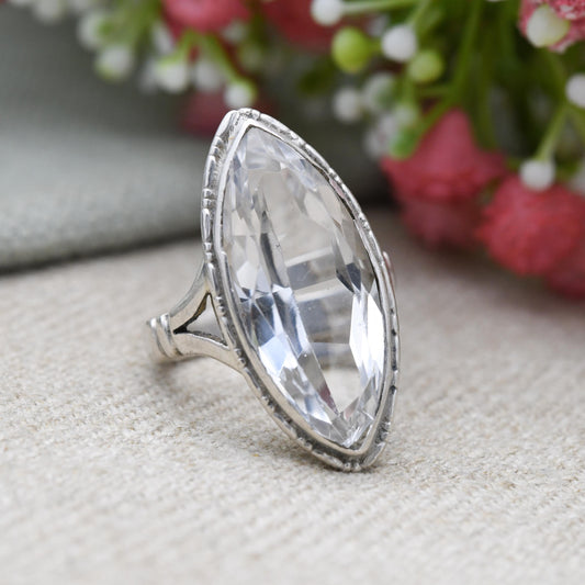 Vintage Sterling Silver Clear Paste Solitaire Ring 1960's - Large White Marquise | Placeholder Ring | UK Size - P | US Size - 7 3/4