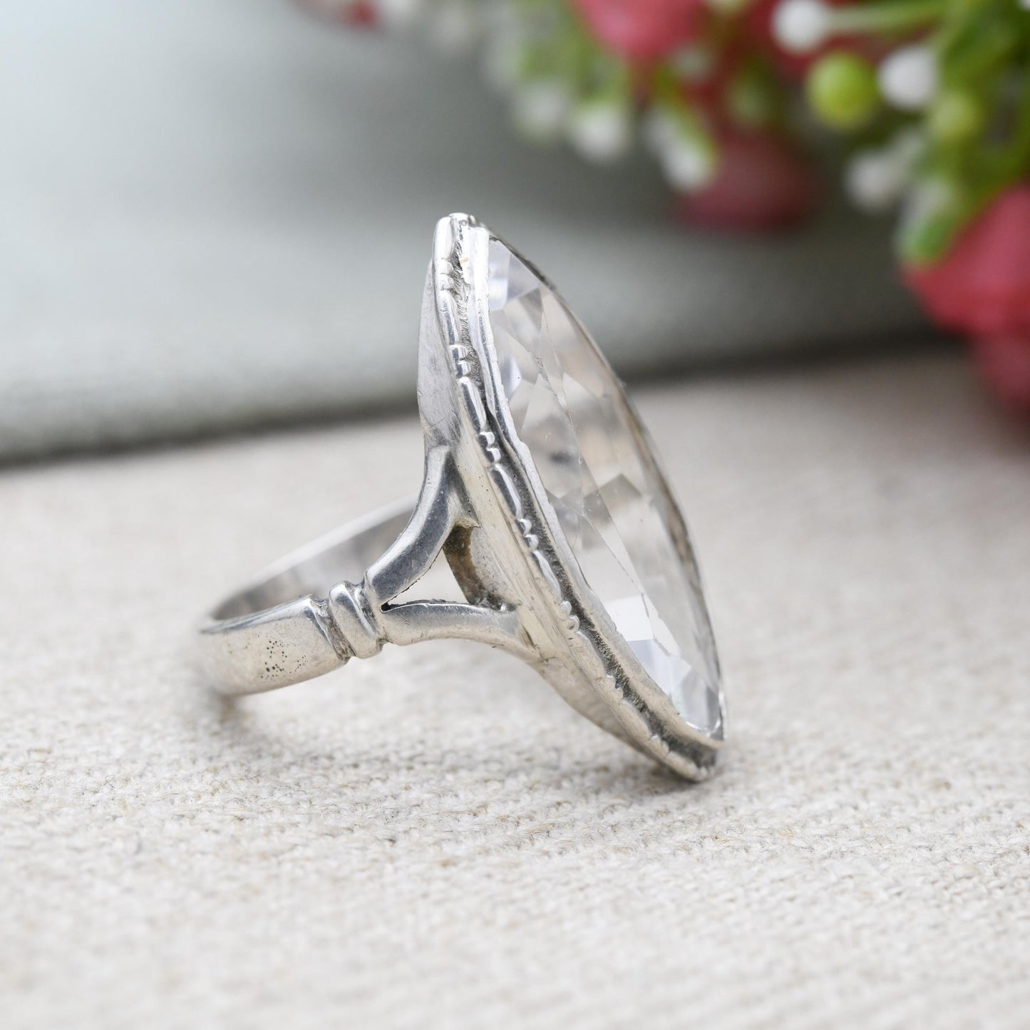 Vintage Sterling Silver Clear Paste Solitaire Ring 1960's - Large White Marquise | Placeholder Ring | UK Size - P | US Size - 7 3/4