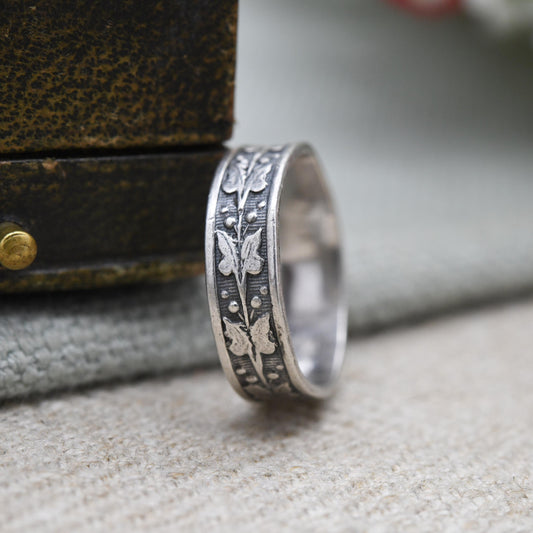 Vintage Sterling Silver Floral Band Ring - Textured Band | Stacking Ring | Unisex Ring | UK Size - J 1/2 | US Size - 5 1/4