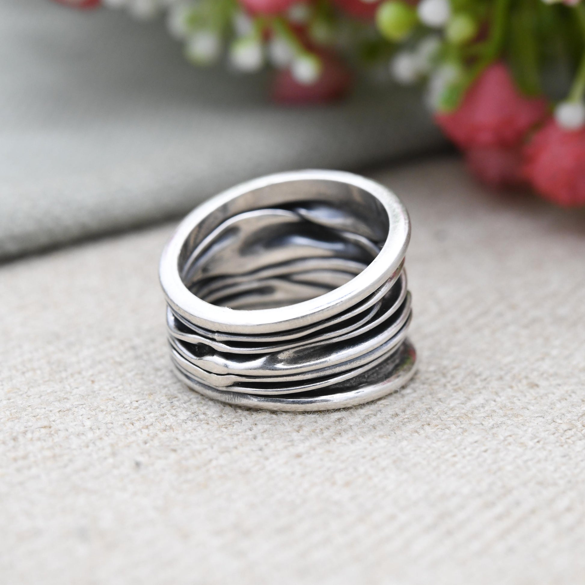 Vintage Sterling Silver Abstract Textured Band Ring - Modernist Large Unique Jewellery | UK Size - P | US Size - 7 1/4