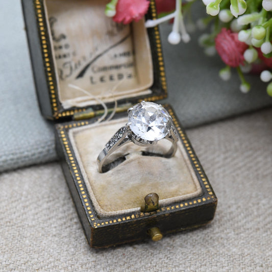 Vintage Silver Clear Paste Solitaire Ring - Large White Stone with Side Stones | Placeholder Ring | UK Size - Q | US Size - 8 1/4