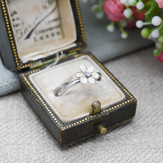 Vintage Sterling Silver Daisy Clear Stone and Enamel Ring - Mid-Century Floral Shape | Gift for Her | UK Size - M | US Size - 6 1/2