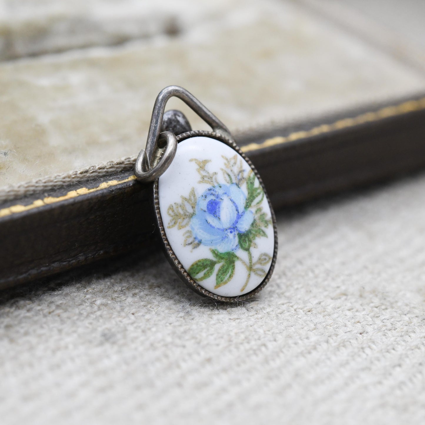 Vintage Sterling Silver and Ceramic Flower Pendant - Small Oval Necklace