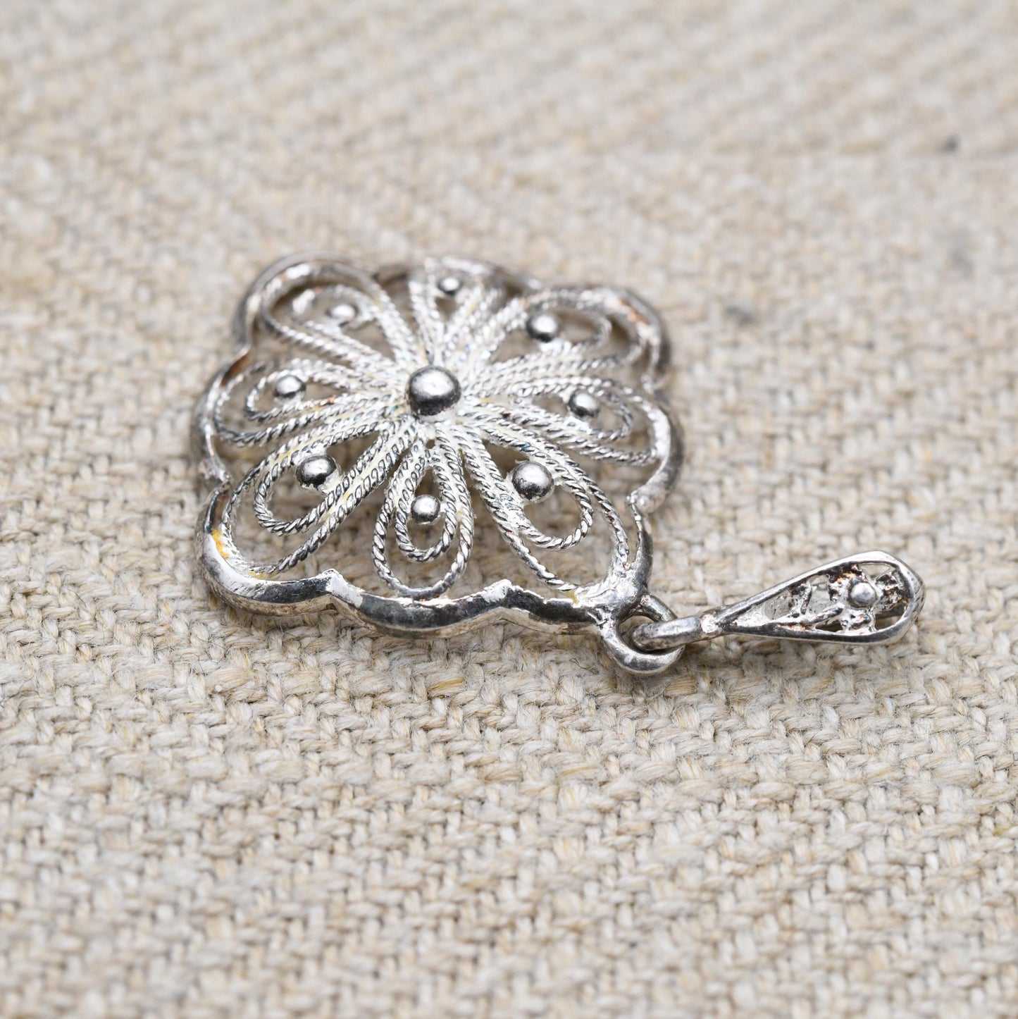 Vintage Sterling Silver Filigree Pendant Necklace - Ornate Openwork | Floral Diamons Shape | Filigree Design | Gift for Pendant Necklace