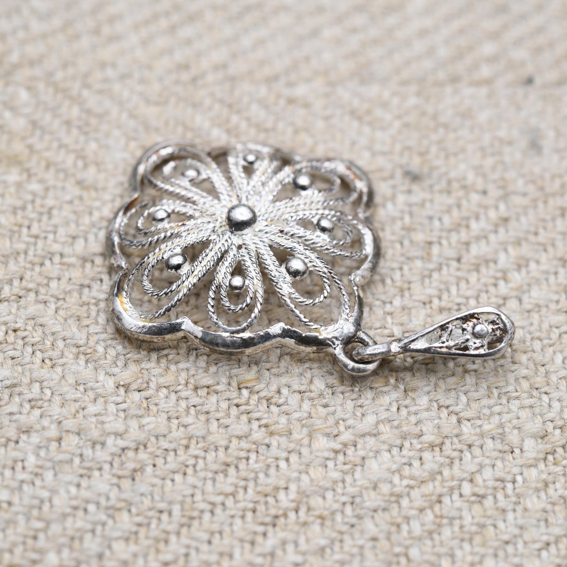 Vintage Sterling Silver Filigree Pendant Necklace - Ornate Openwork | Floral Diamons Shape | Filigree Design | Gift for Pendant Necklace