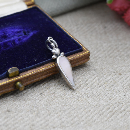 Vintage Sterling Silver Mother of Pearl Tear Drop Pendant - Pretty Silver Gift Necklace with Ornate Little Love Heart Design