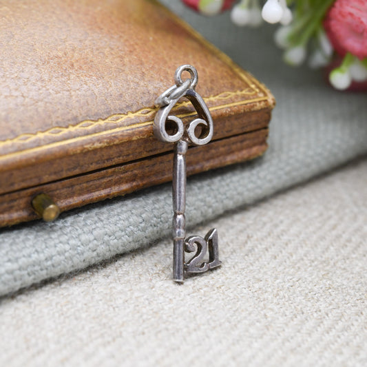 Vintage Sterling Silver 21 Key Charm Pendant - Birthday | Best Wishes | Door | Lock | Souvenir Gift for Charm Bracelet