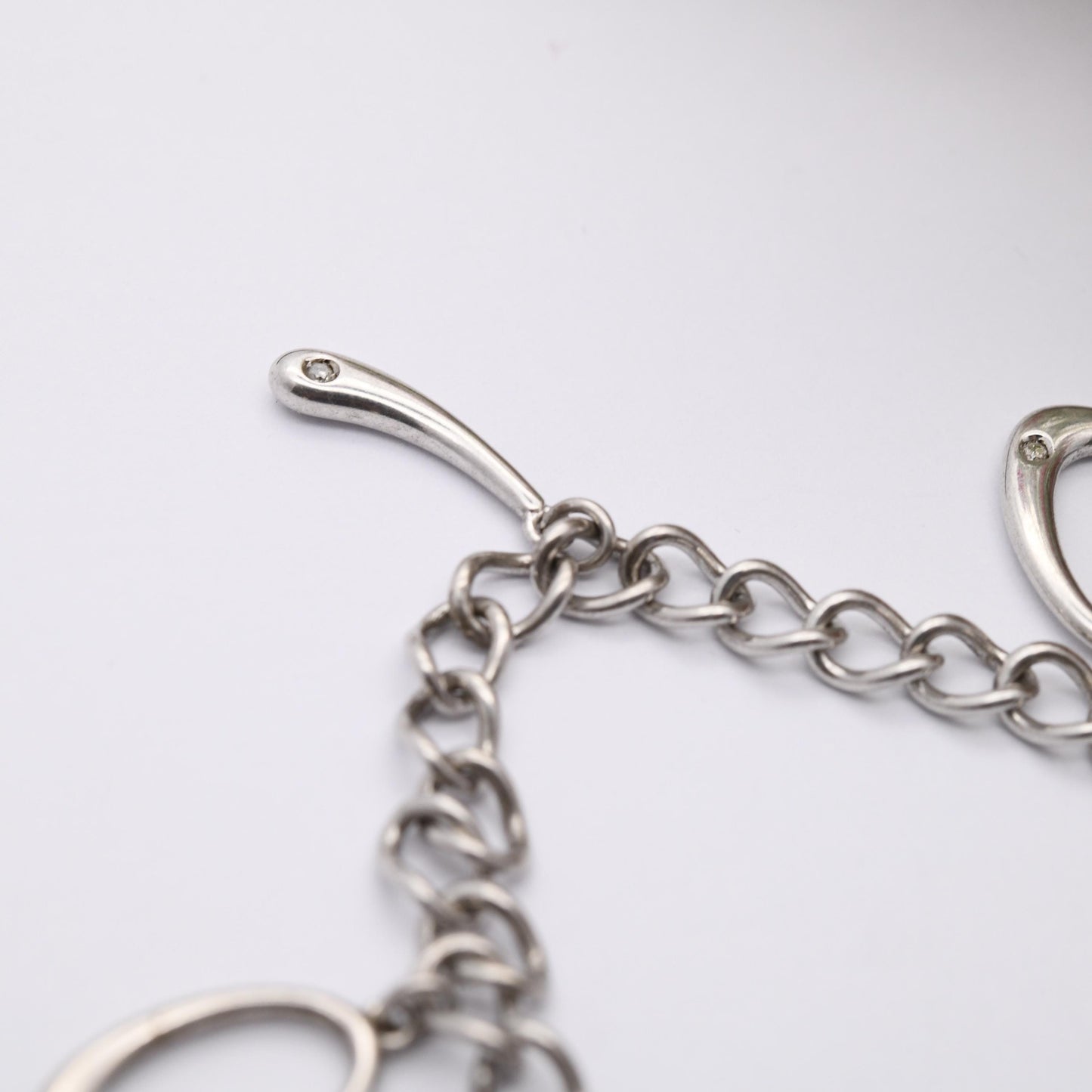 Vintage Sterling Silver and Diamond Love Hearth Wishbone Chain Bracelet - Rounded Curb Links | Charm Bracelet