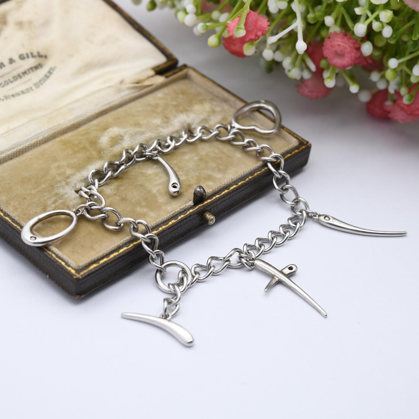 Vintage Sterling Silver and Diamond Love Hearth Wishbone Chain Bracelet - Rounded Curb Links | Charm Bracelet