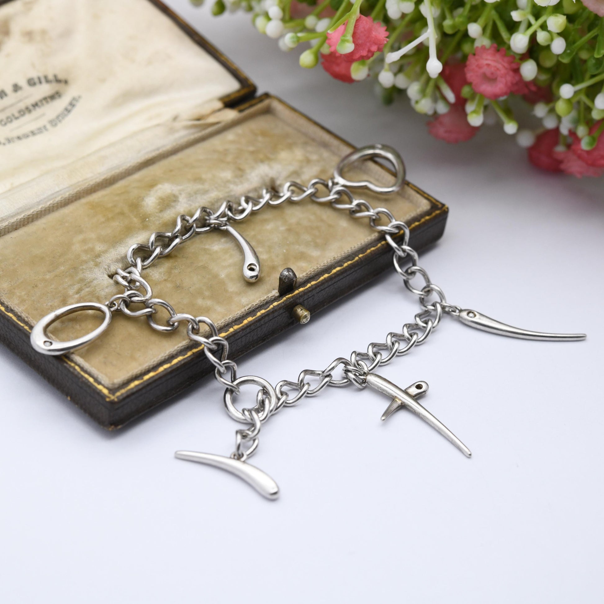 Vintage Sterling Silver and Diamond Love Hearth Wishbone Chain Bracelet - Rounded Curb Links | Charm Bracelet