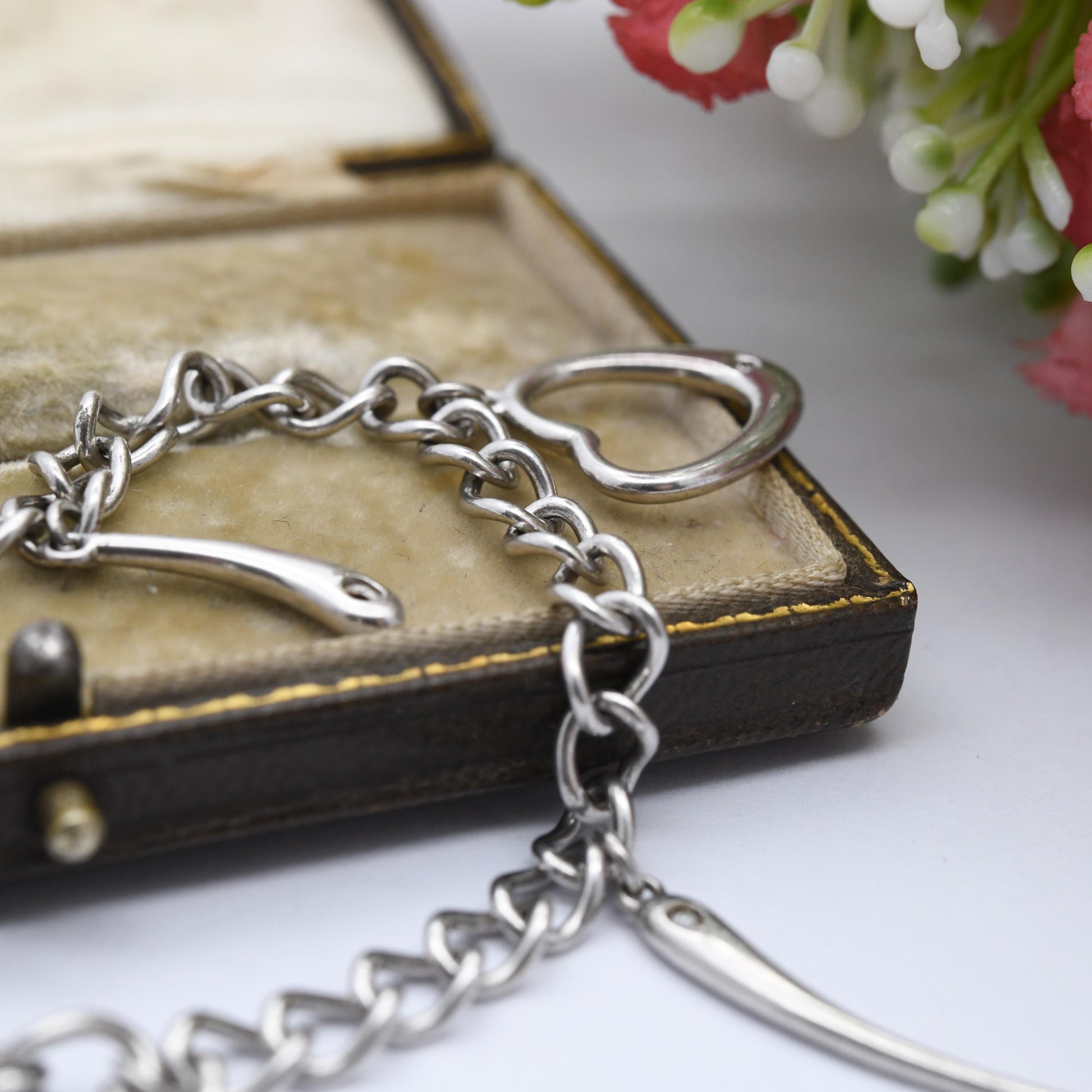 Vintage Sterling Silver and Diamond Love Hearth Wishbone Chain Bracelet - Rounded Curb Links | Charm Bracelet