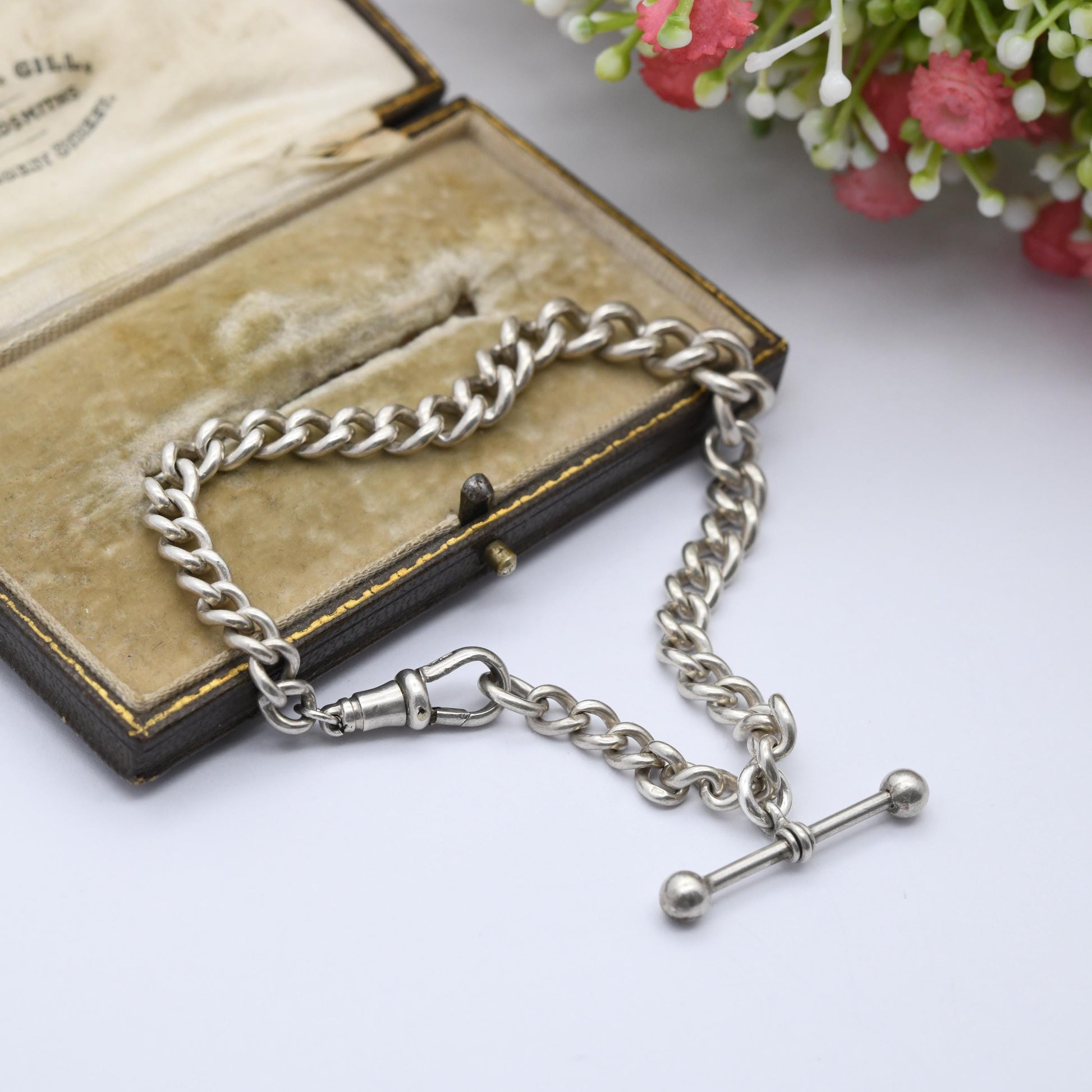 Antique Sterling Silver Albert Chain Bracelet Conversion 1927 with T-Bar - Chunky Solid | Stamped to Each Link