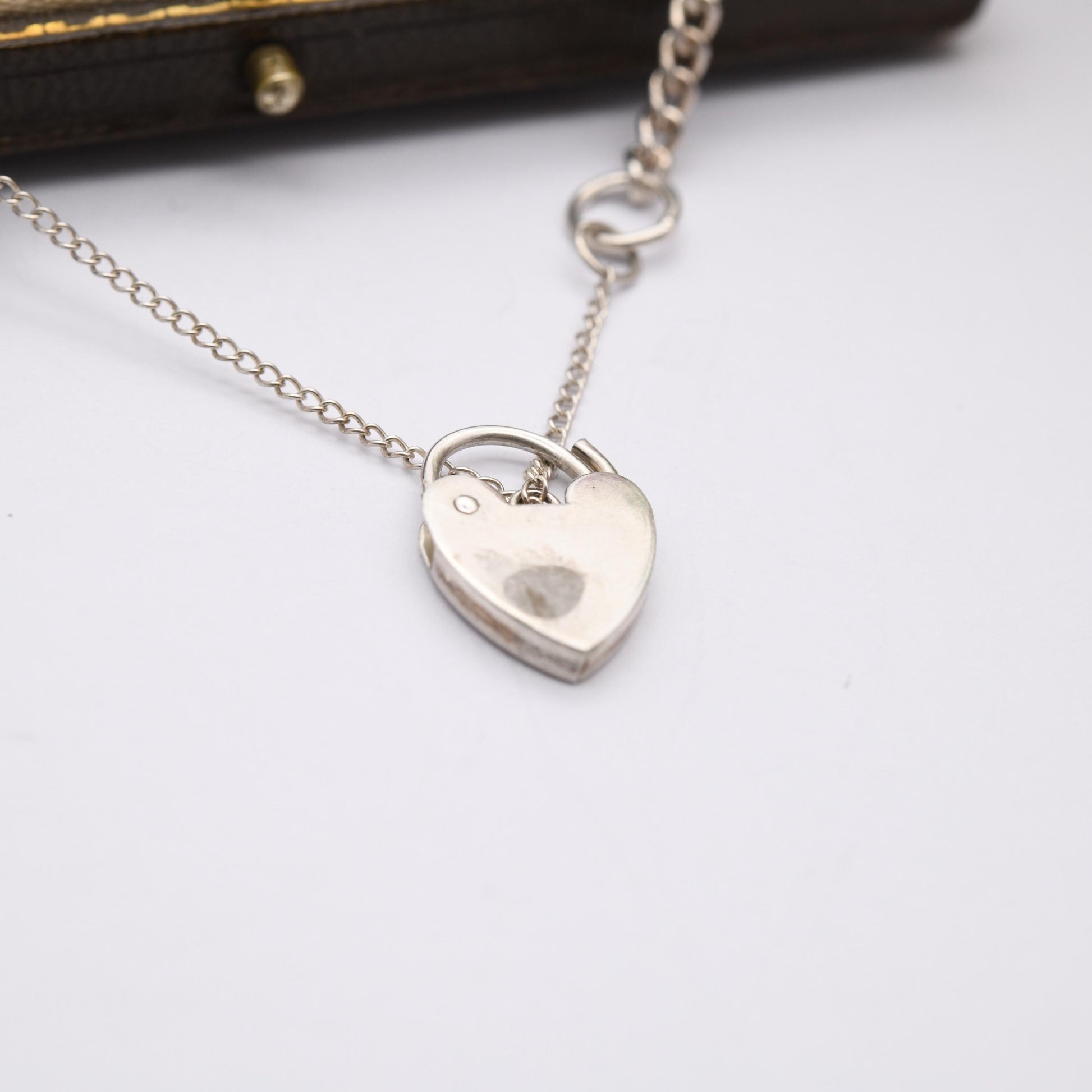 Vintage Sterling Silver Heart Padlock Clasp Chain Bracelet - Small Curb Links with Safety Chain
