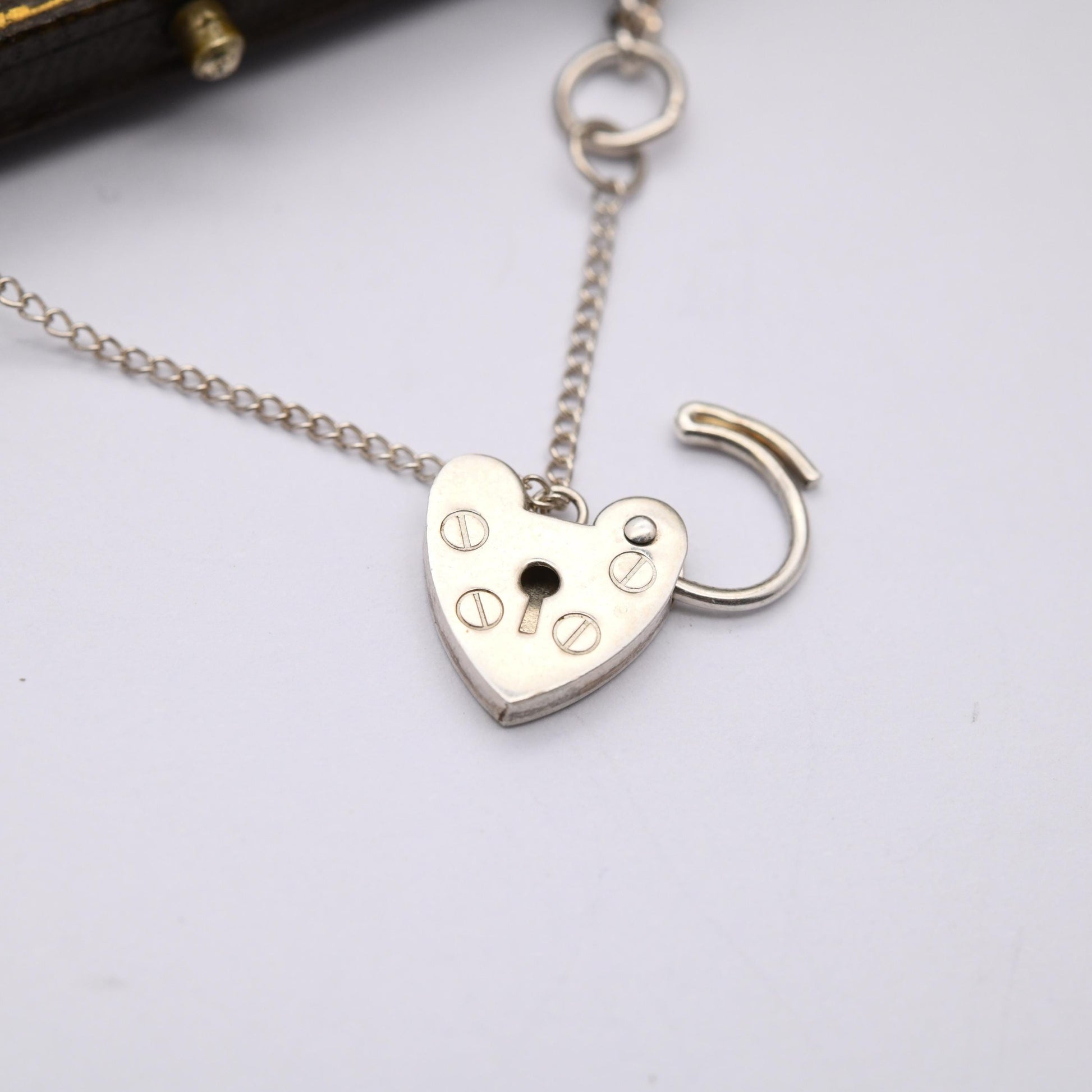 Vintage Sterling Silver Heart Padlock Clasp Chain Bracelet - Small Curb Links with Safety Chain