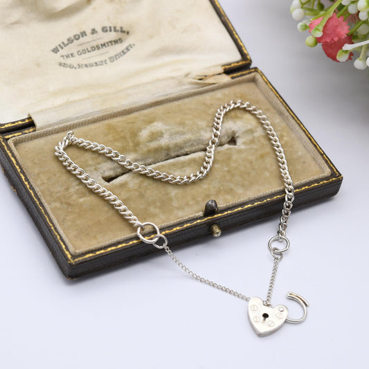 Vintage Sterling Silver Heart Padlock Clasp Chain Bracelet - Small Curb Links with Safety Chain