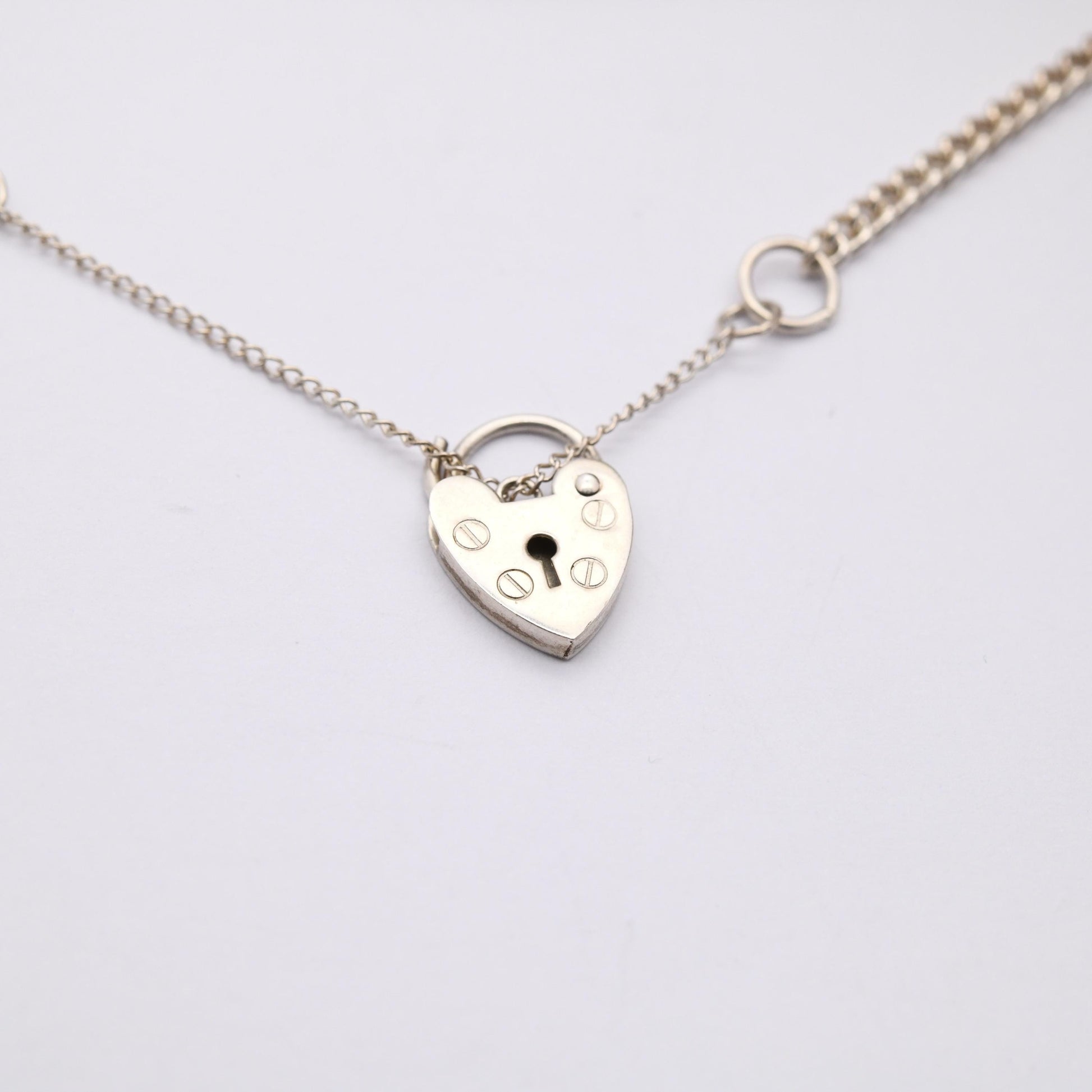 Vintage Sterling Silver Heart Padlock Clasp Chain Bracelet - Small Curb Links with Safety Chain