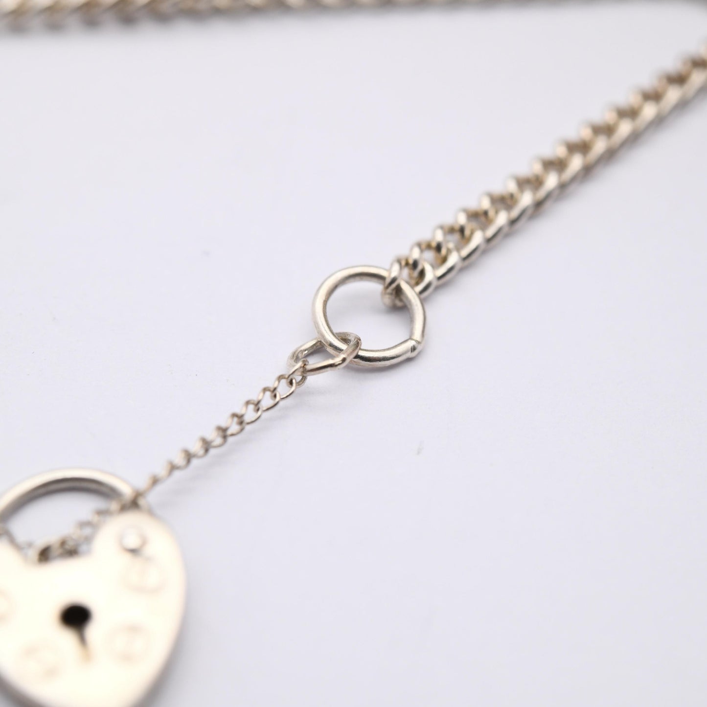 Vintage Sterling Silver Heart Padlock Clasp Chain Bracelet - Small Curb Links with Safety Chain
