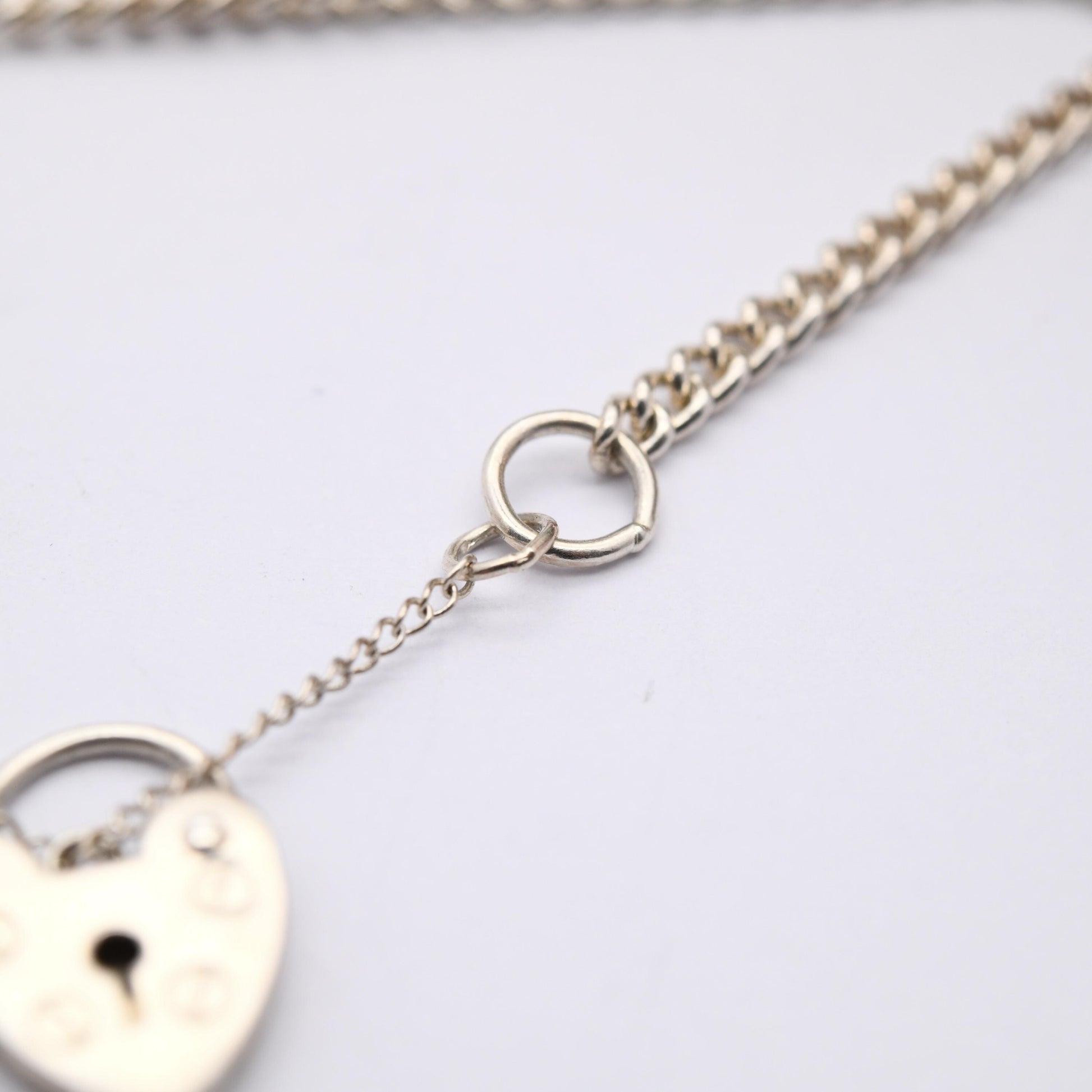 Vintage Sterling Silver Heart Padlock Clasp Chain Bracelet - Small Curb Links with Safety Chain