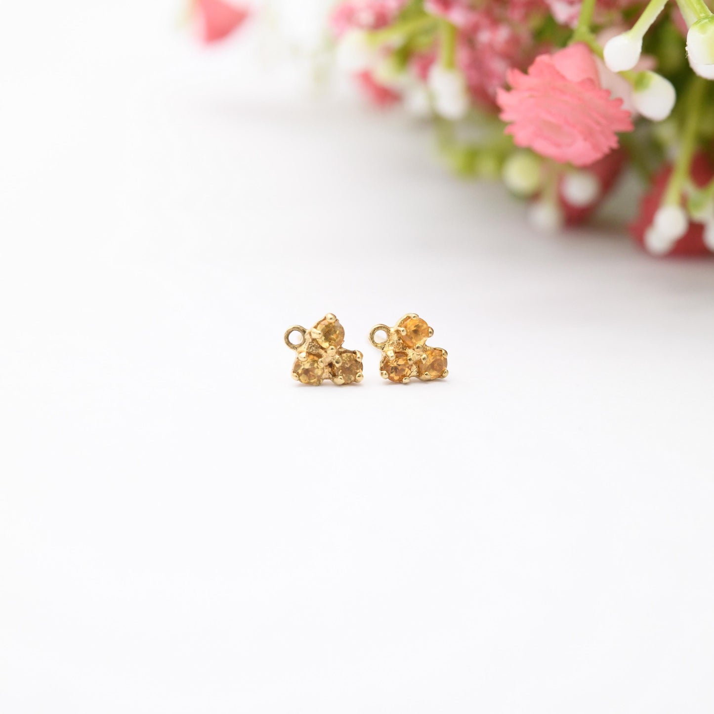 9ct Gold Citrine Stud Earrings - Pretty Yellow Gold Mounts | Floral Faceted Orange Gemstone | Butterfly Backs