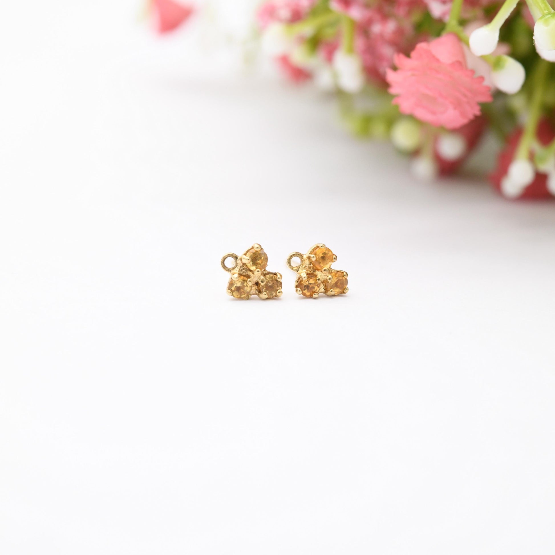 9ct Gold Citrine Stud Earrings - Pretty Yellow Gold Mounts | Floral Faceted Orange Gemstone | Butterfly Backs