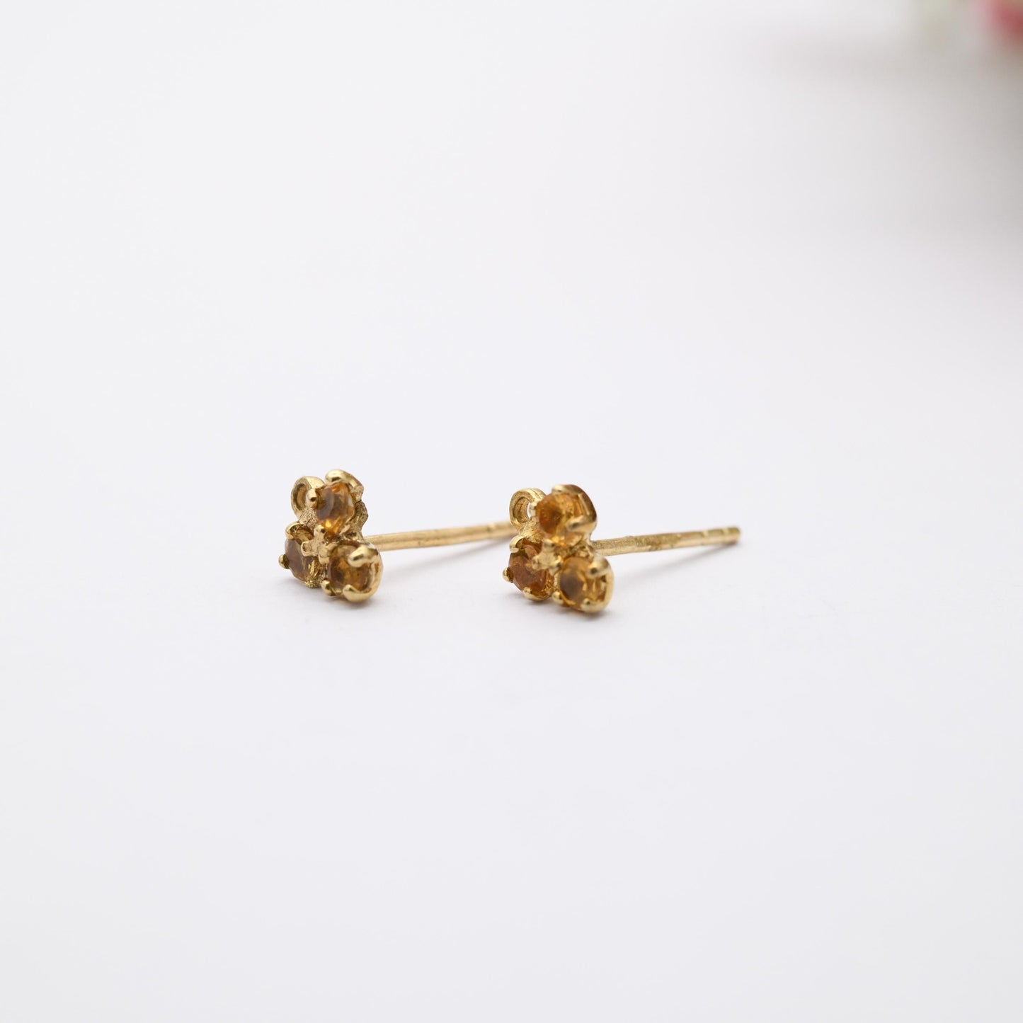 9ct Gold Citrine Stud Earrings - Pretty Yellow Gold Mounts | Floral Faceted Orange Gemstone | Butterfly Backs