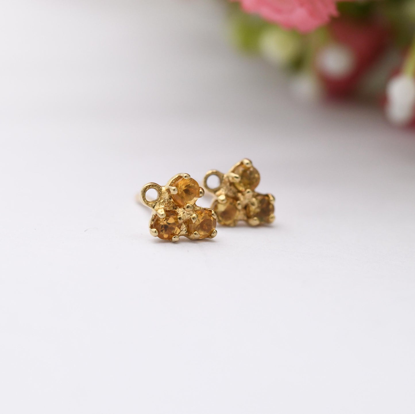 9ct Gold Citrine Stud Earrings - Pretty Yellow Gold Mounts | Floral Faceted Orange Gemstone | Butterfly Backs