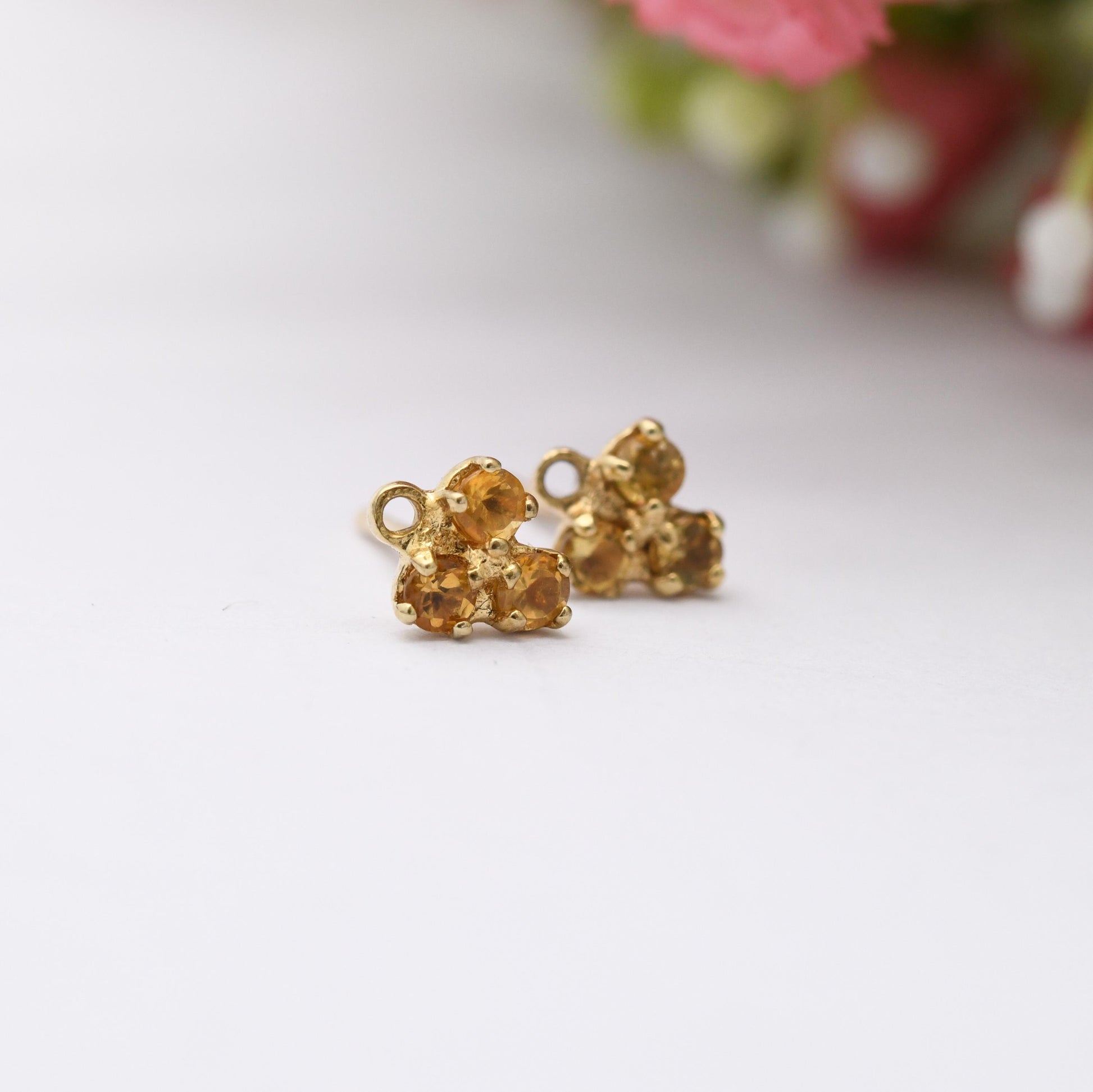 9ct Gold Citrine Stud Earrings - Pretty Yellow Gold Mounts | Floral Faceted Orange Gemstone | Butterfly Backs