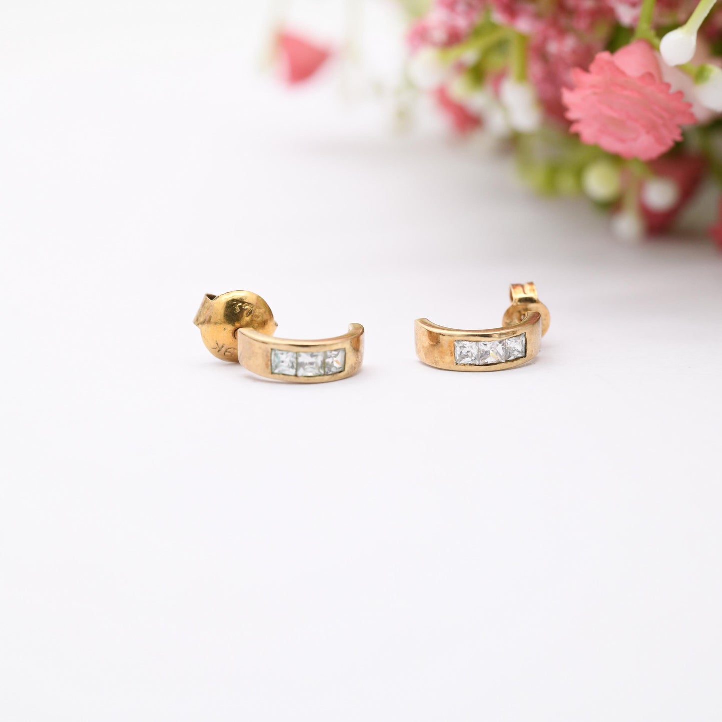 Vintage 9ct Gold Clear Stone Half Hoop Stud Earrings Mid-Century - Semi Circle | Solid Gold Jewellery Gift for Her | with Butterfly Backs