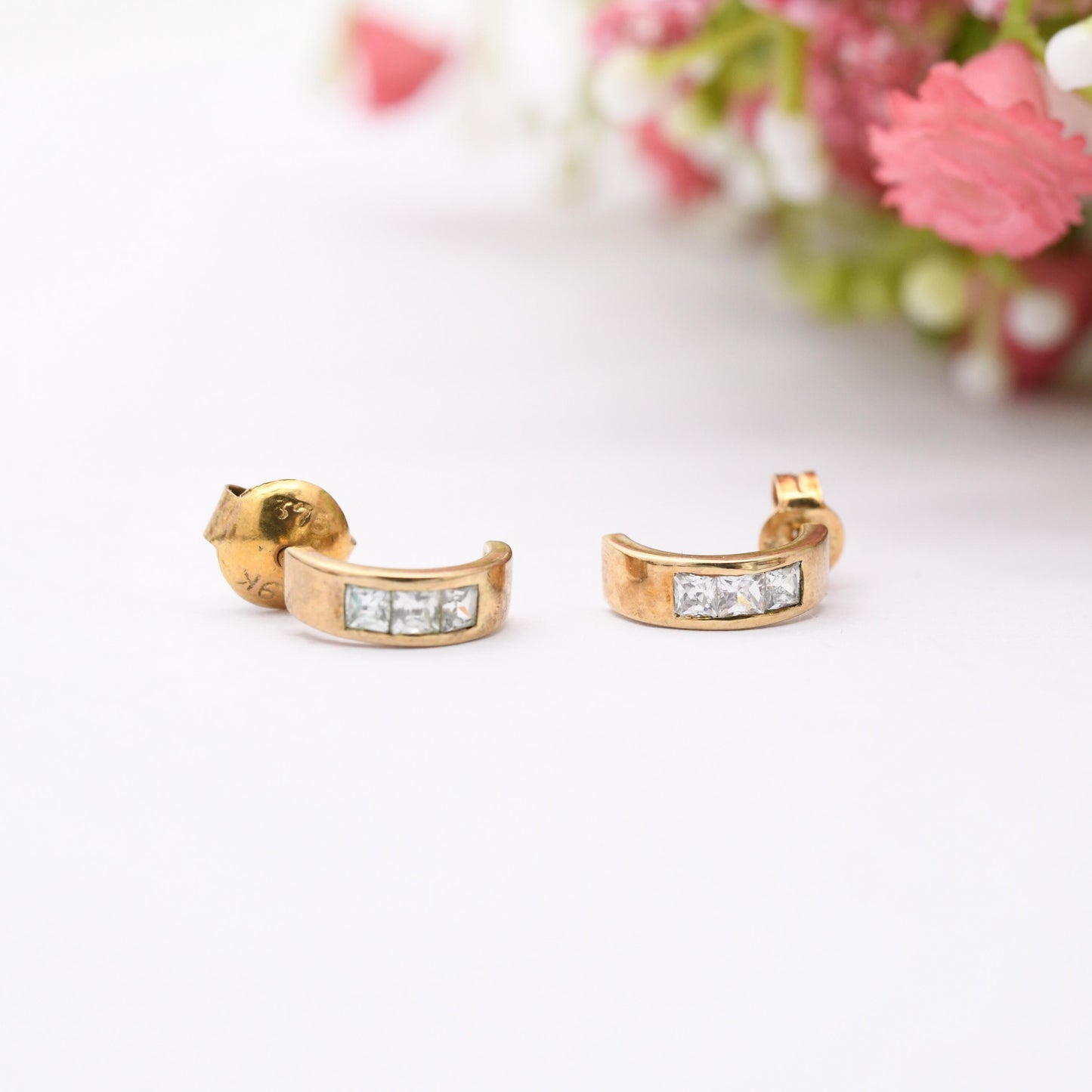 Vintage 9ct Gold Clear Stone Half Hoop Stud Earrings Mid-Century - Semi Circle | Solid Gold Jewellery Gift for Her | with Butterfly Backs
