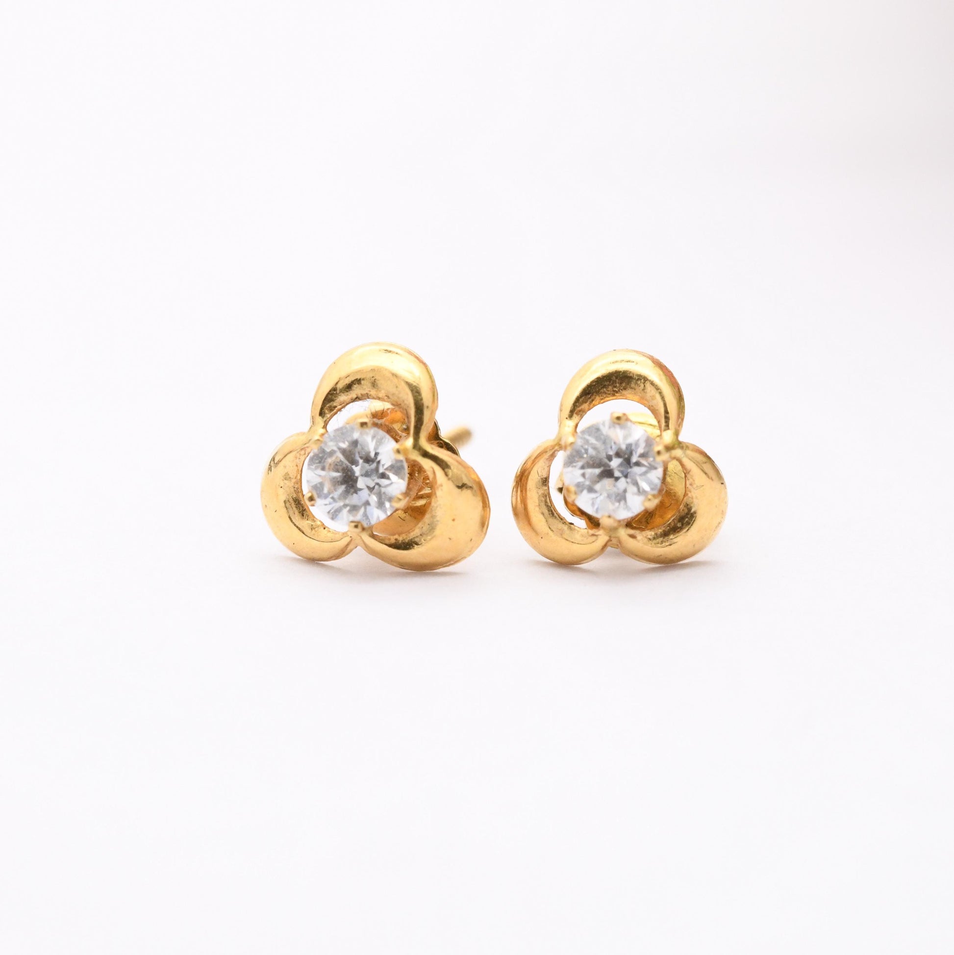 Vintage 18ct Gold Clover Stud Earrings - Three Leaf Lucky Clover | Set with White Gemstones | Butterfly Backs | Gift for Her