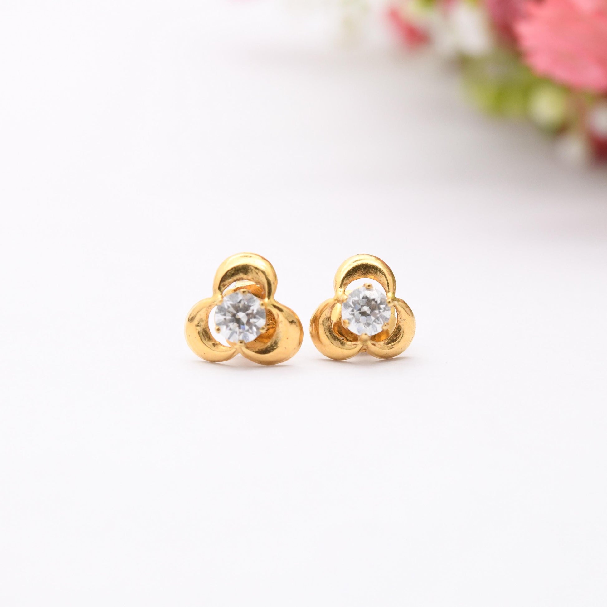 Vintage 18ct Gold Clover Stud Earrings - Three Leaf Lucky Clover | Set with White Gemstones | Butterfly Backs | Gift for Her