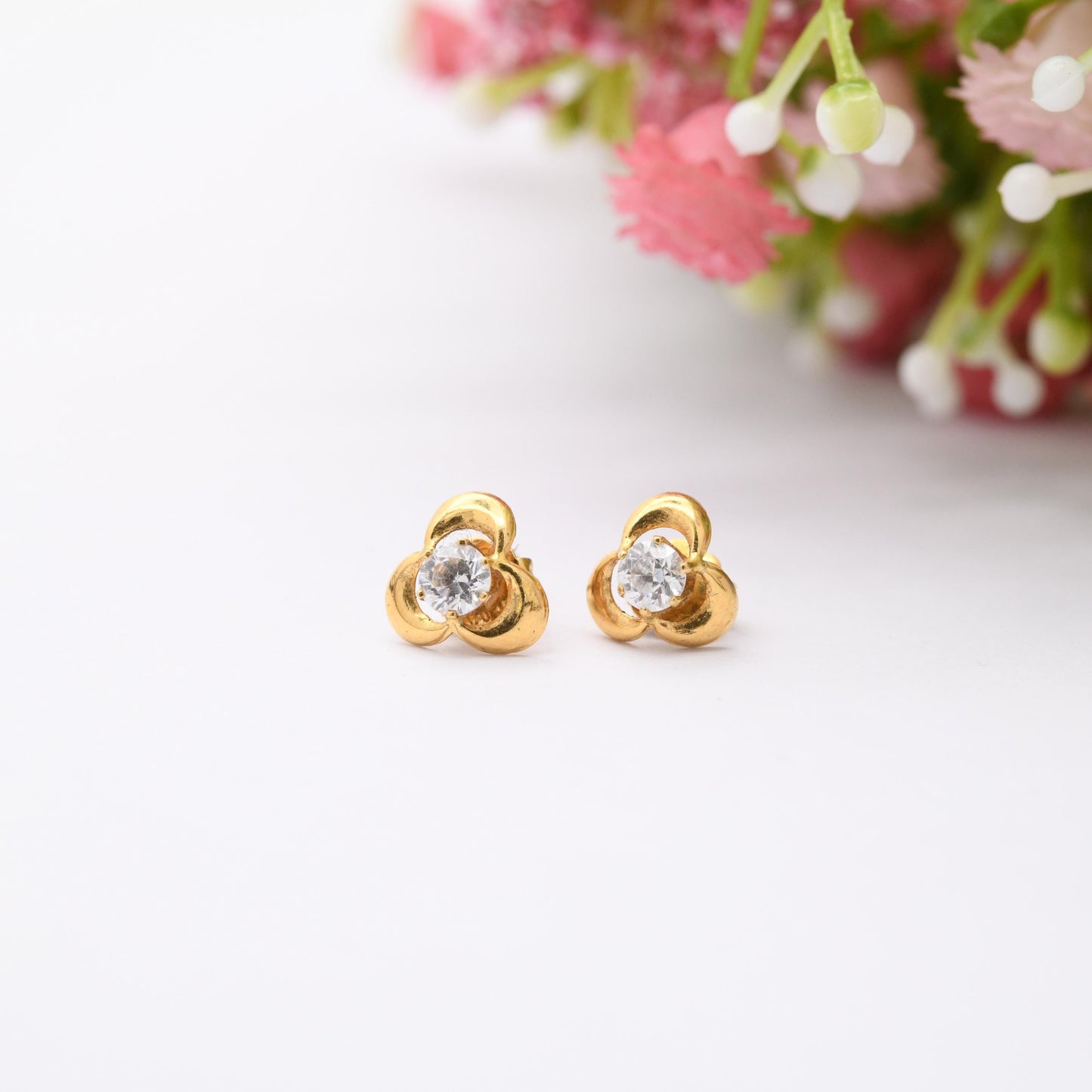 Vintage 18ct Gold Clover Stud Earrings - Three Leaf Lucky Clover | Set with White Gemstones | Butterfly Backs | Gift for Her