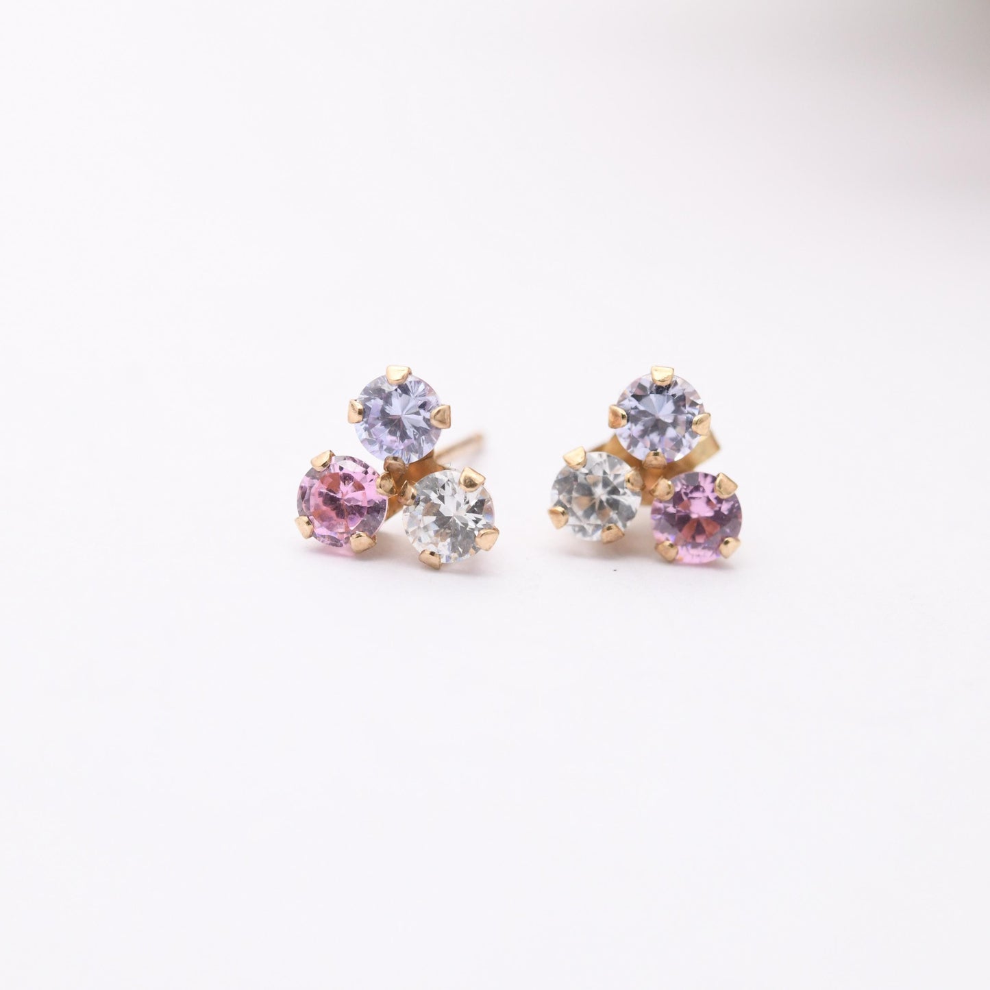 Vintage 9ct Gold Clover Stud Earrings - Set with White Pink and Blue Gemstones | Three Leaf Lucky Clover | Butterfly Backs | Solid Gold