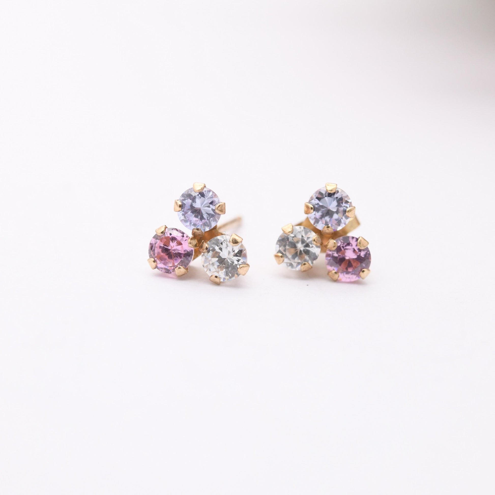 Vintage 9ct Gold Clover Stud Earrings - Set with White Pink and Blue Gemstones | Three Leaf Lucky Clover | Butterfly Backs | Solid Gold