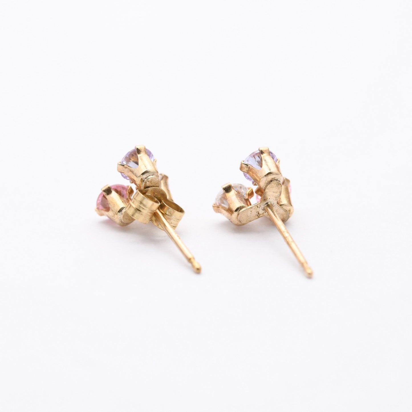 Vintage 9ct Gold Clover Stud Earrings - Set with White Pink and Blue Gemstones | Three Leaf Lucky Clover | Butterfly Backs | Solid Gold
