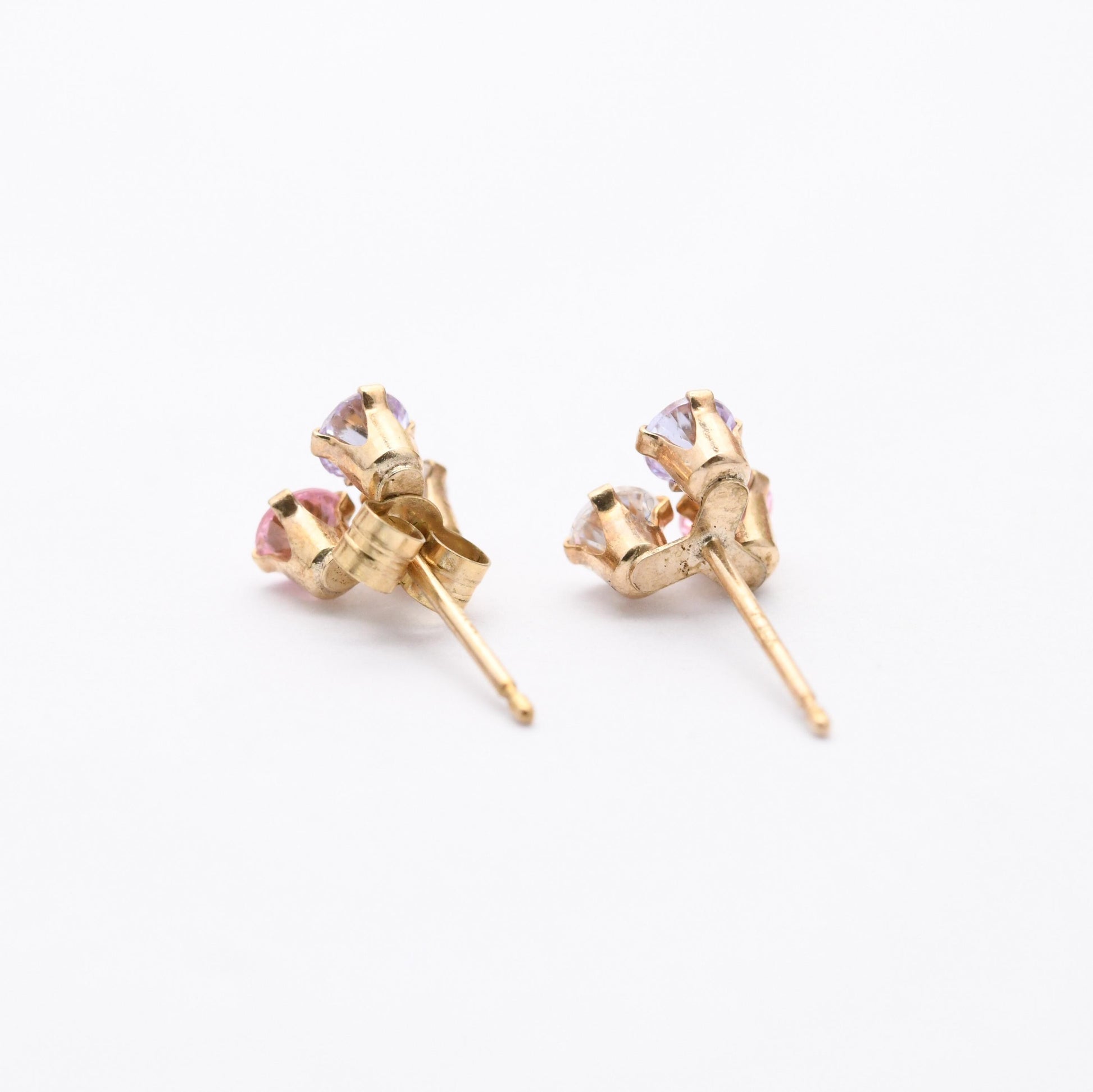 Vintage 9ct Gold Clover Stud Earrings - Set with White Pink and Blue Gemstones | Three Leaf Lucky Clover | Butterfly Backs | Solid Gold