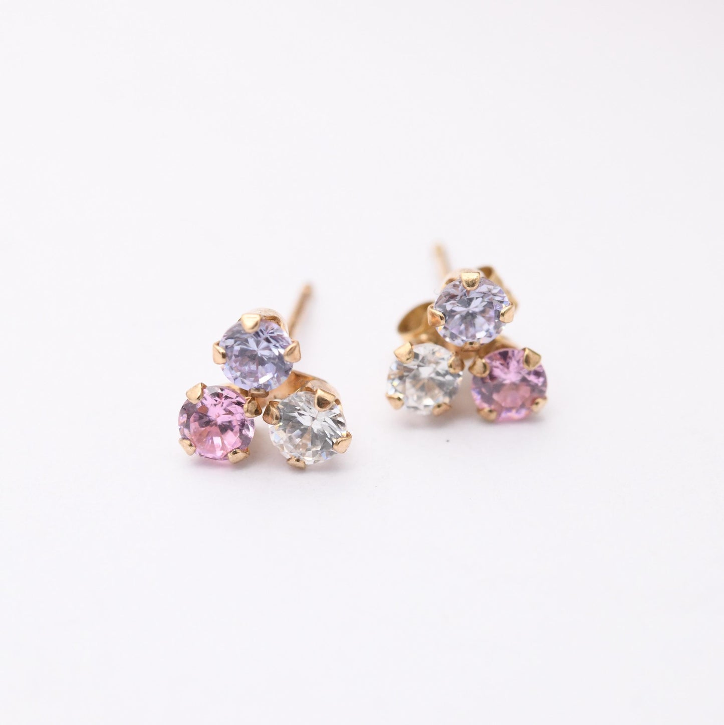 Vintage 9ct Gold Clover Stud Earrings - Set with White Pink and Blue Gemstones | Three Leaf Lucky Clover | Butterfly Backs | Solid Gold
