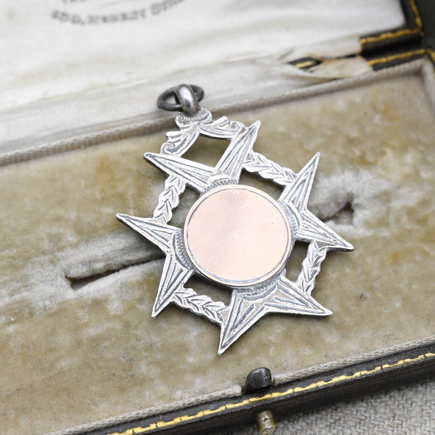 Antique Sterling Silver Watch Fob Pendant Rose Gold Fronted 1927 - Blank Face | Openwork Floral Maltese Cross Border