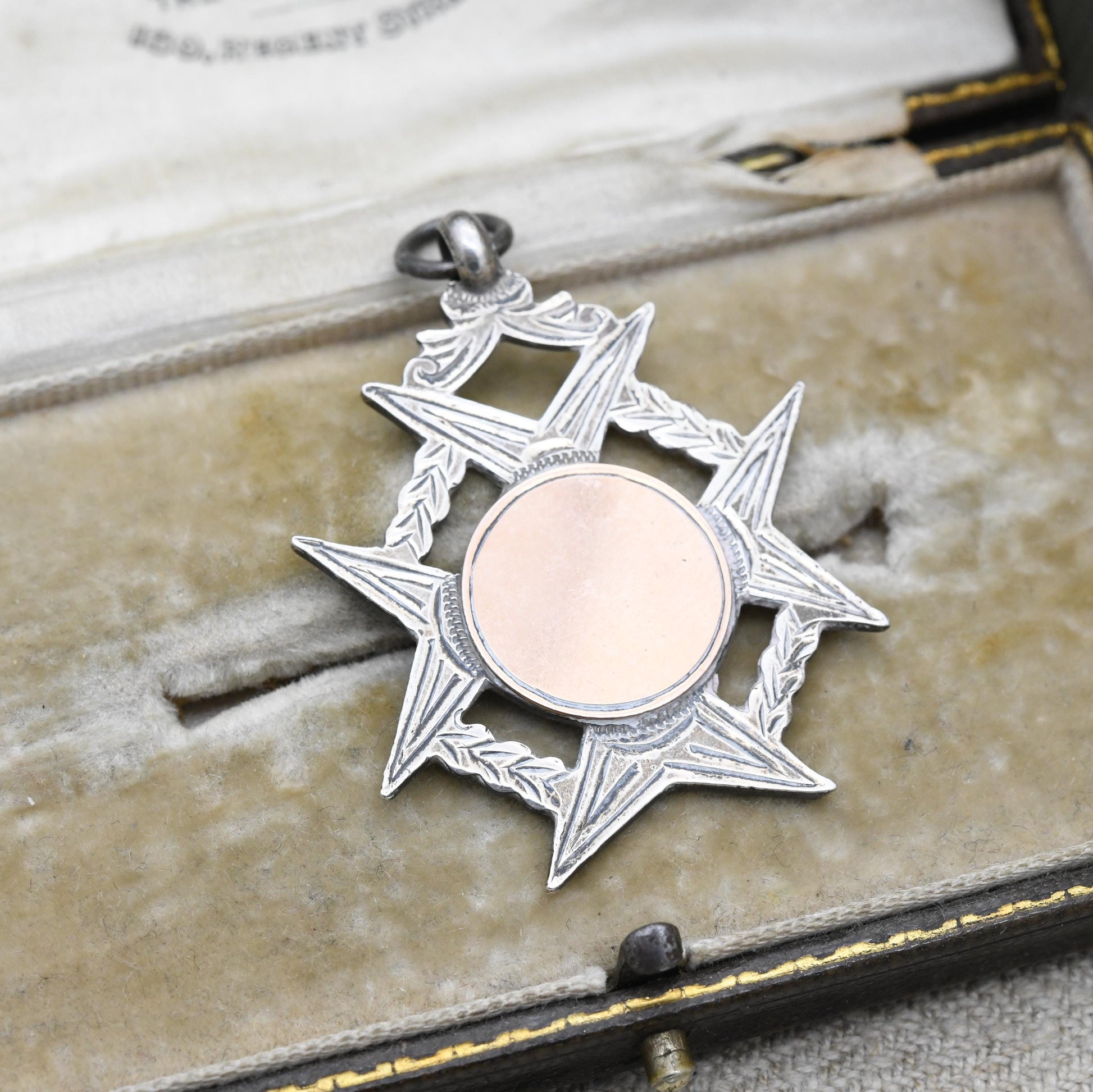 Antique Sterling Silver Watch Fob Pendant Rose Gold Fronted 1927 - Blank Face | Openwork Floral Maltese Cross Border